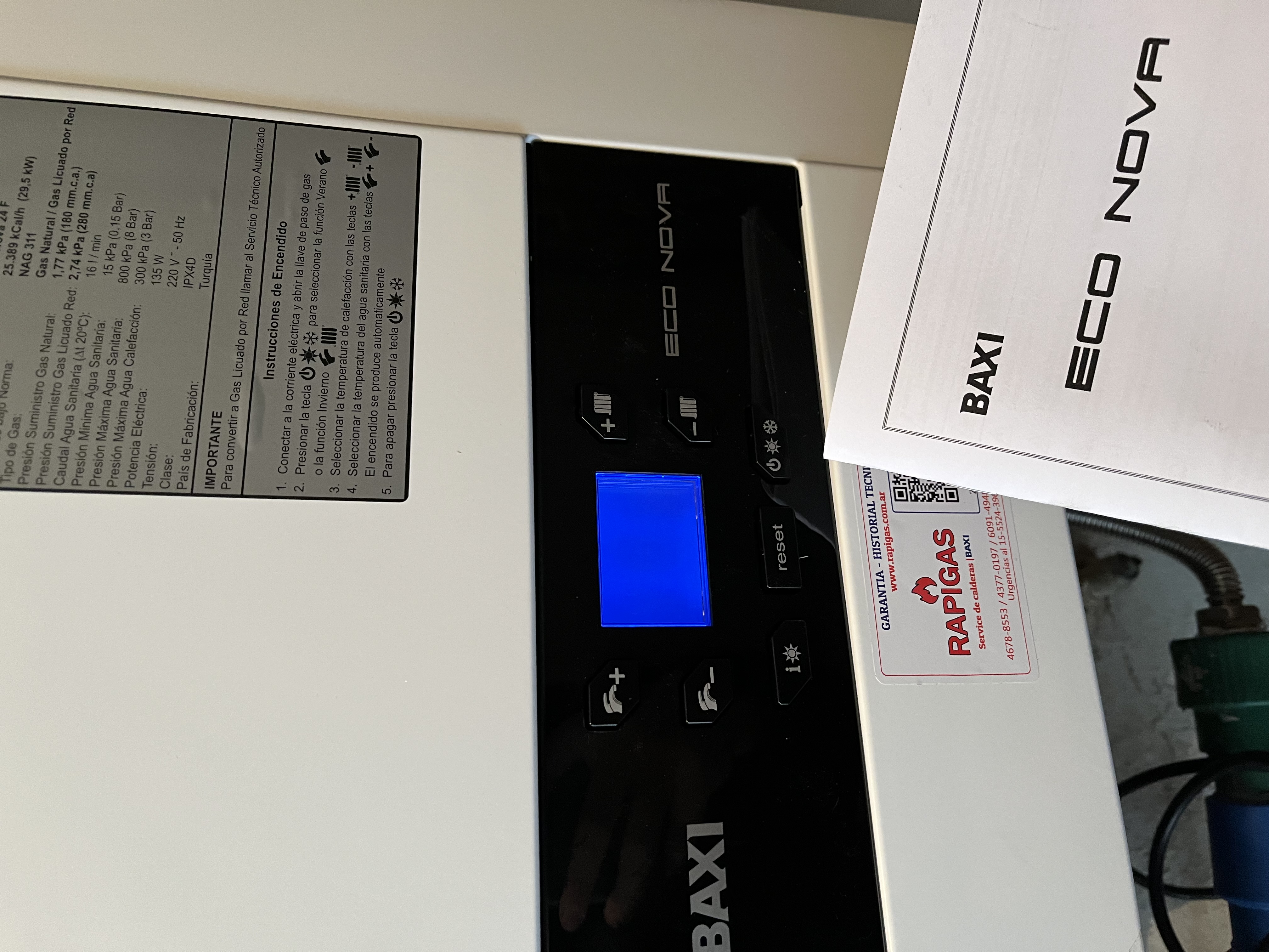 Frente de caldera Baxi Eco Nova con display y manual